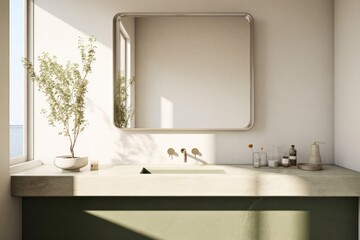 Beautiful calm neutral primary bathroom interior with minimal styled decor with morning sunlight made with Generative Ai