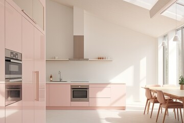 Fototapeta na wymiar Clean bright modern minimal white and pastel pink interior kitchen loft made with Generative Ai