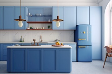 Beautiful bright calm kitchen interior detail with soft periwinkle cornflower blue cabinets with minimal modern furnishing made with Generative Ai