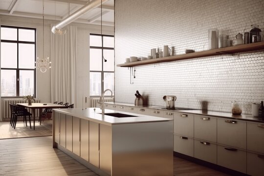Beautiful Modern kitchen interior with stainless steel kitchen island and backsplash organic wood furniture in penthouse loft studio made with Generative Ai