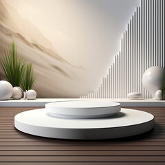 3d render of white podium on a wooden floor in the winter landscape. AI Generative Illustration. Podium for product shoot. Minimal Display for product.