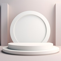 3d render, abstract scene with white round podium for product presentation. AI Generative Illustration. Podium for product shoot. Minimal Display for product.