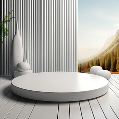 3d render of white podium on a wooden floor in the winter landscape. AI Generative Illustration. Podium for product shoot. Minimal Display for product.