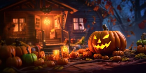 Pumpkin in Spooky Night, Jack O’ Lanterns, Halloween Background For Party Invitation. Generative Ai