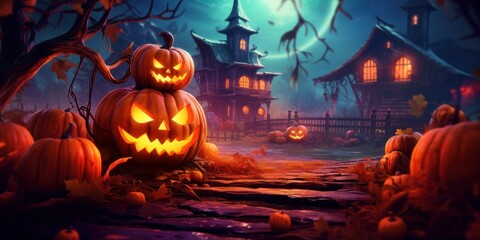 Fototapeta premium Pumpkin in Spooky Night, Jack O’ Lanterns, Halloween Background For Party Invitation. Generative Ai