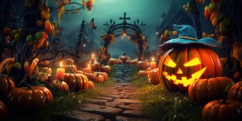 Naklejka premium Pumpkin in Spooky Night, Jack O’ Lanterns, Halloween Background For Party Invitation. Generative Ai