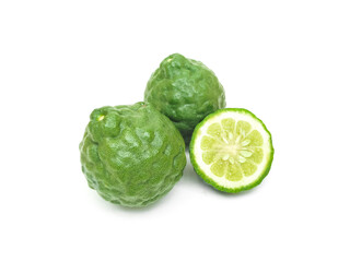 Fresh organic kaffir lime green The cut into pieces, rough skin, bergamot has many uses commonly used as a shampoo Or kaffir lime skin can be used as an ingredient in food put on a white background.	