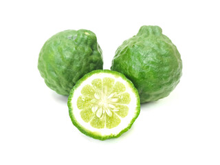 Fresh organic kaffir lime green The cut into pieces, rough skin, bergamot has many uses commonly used as a shampoo Or kaffir lime skin can be used as an ingredient in food put on a white background.	