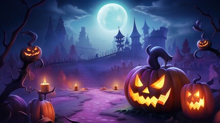 Fototapeta na wymiar Halloween Background with Mystery Castle and Jack O Lantern Pumpkins. Generative Ai