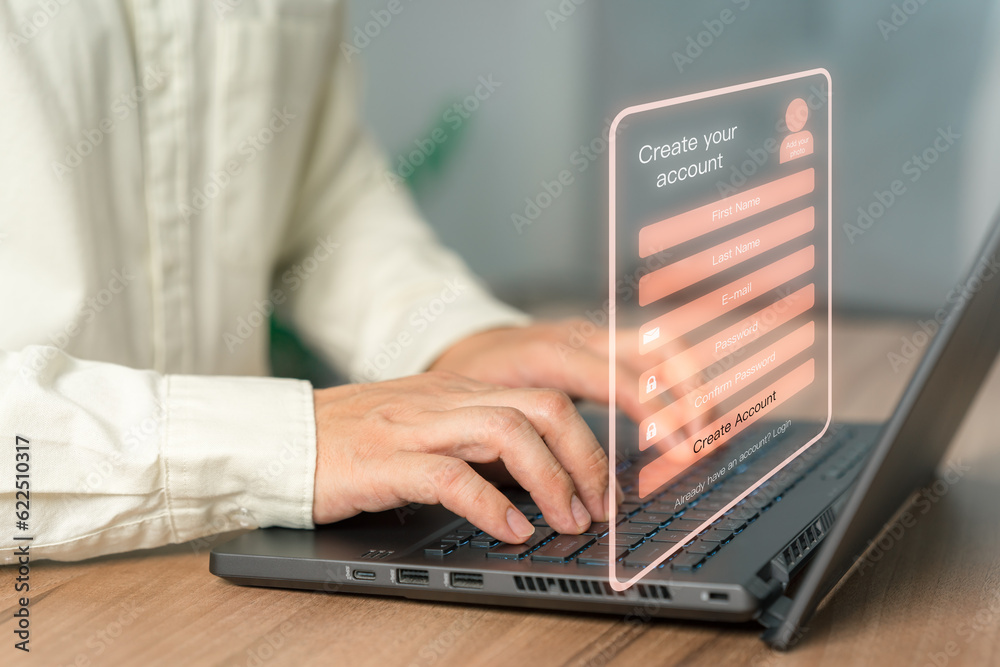 Aufkleber Adult Man type sign up for the website on a computer laptop. Cyber security concept to protect personal data. Secure encryption and access to the user's private information to access the internet.