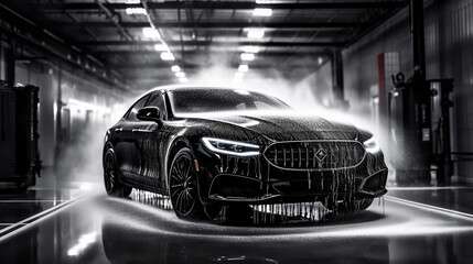 Black car being cleaned with soap car washing concept - obrazy, fototapety, plakaty