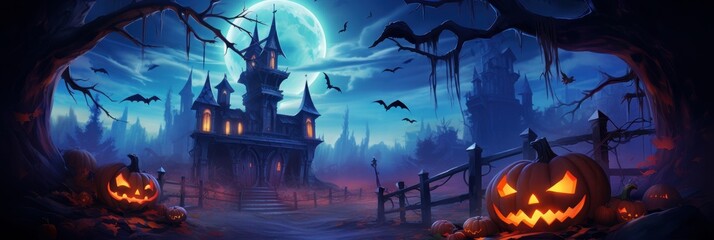 Obraz na płótnie Canvas Halloween Background with Mystery Castle and Jack O Lantern Pumpkins in Spooky Night. Generative Ai