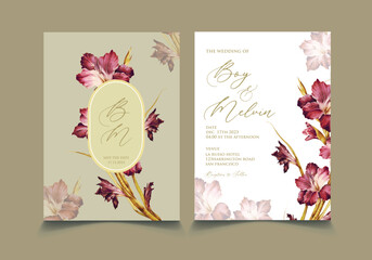 Simple minimalist wedding invitation with purple floral watercolor vector