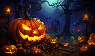 Jack O Lantern Pumpkins in Spooky Night, Halloween Party Celebration Background. Generative Ai