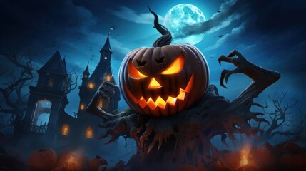 Scary Halloween Character Celebrating Halloween Party on Spooky Night Background. Generative AI