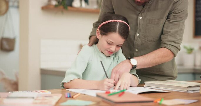 Child, father and writing homework at a table in a family home for education and learning. Young girl, school kid or student with a man for help, math advice and care for development with abacus