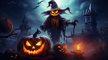 Scary Halloween Character Celebrating Halloween Party on Spooky Night Background. Generative AI
