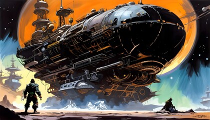 Oil painting of future space pirate and spaceship for design template. fantastic spaceship, Generative AI