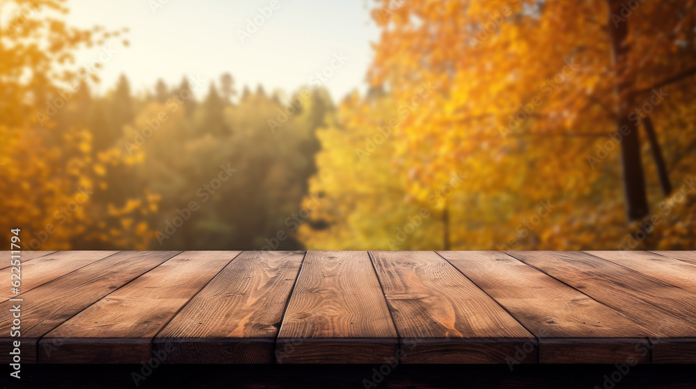 Wall mural Empty wooden table with autumn background