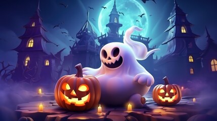 Happy Cute Ghost Celebrating Halloween Party on Spooky Night Background. Generative AI