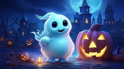 Happy Cute Ghost Celebrating Halloween Party on Spooky Night Background. Generative AI