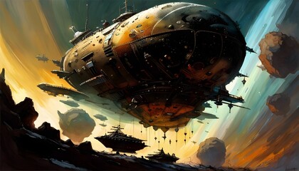 Oil painting of future space pirate and spaceship for design template. fantastic spaceship, Generative AI