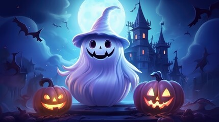 Happy Cute Ghost Celebrating Halloween Party on Spooky Night Background. Generative AI