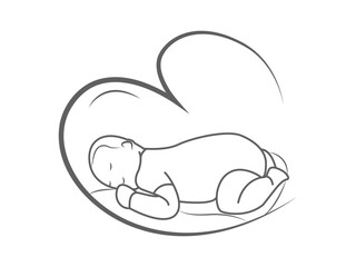 world midwives day icon, line art illustration of sleeping baby with love frame