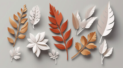 White paper cut autumn leaves set 3D fall elements - obrazy, fototapety, plakaty