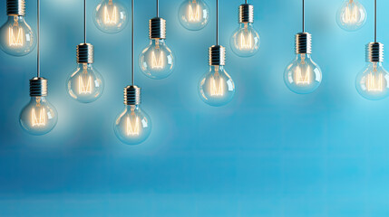 glowing lightbulbs hanging on cords from above isolated on blue background. Generative AI