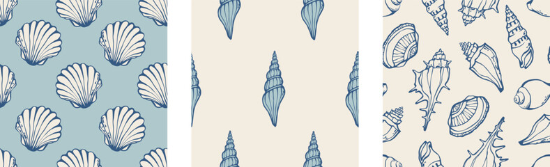 Seashells backgrounds set hand drawn blue marine bathroom wallpapers print design