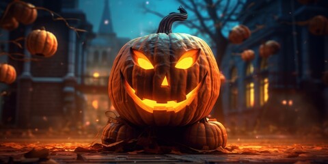 Pumpkin Headed in Spooky Night, Halloween Background For Party Celebration. Generative Ai