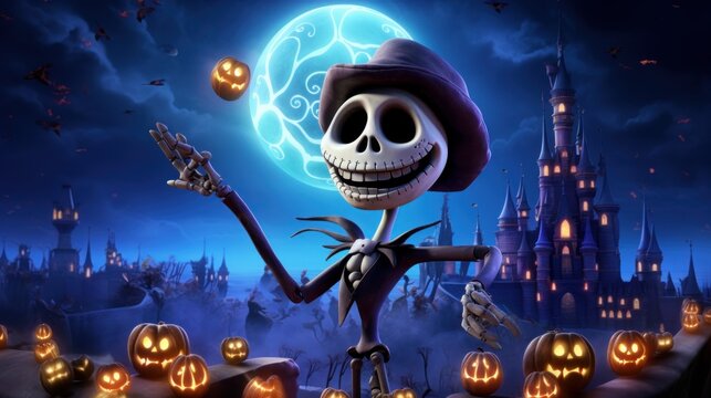 Happy Skeleton Celebrating Halloween Party on Spooky Night Background. Generative AI