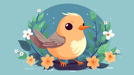 Vector illustration of cute bird and flower field.