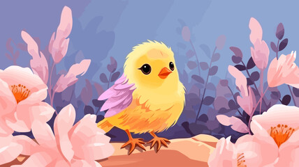 Vector illustration of cute bird and flower field.