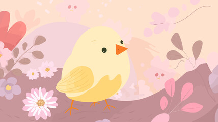 Vector illustration of cute bird and flower field.