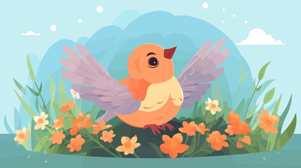 Vector illustration of cute bird and flower field.