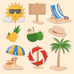 9 summer icon illustrations set isolated on the colored background