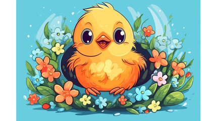 Vector illustration of cute bird and flower field.