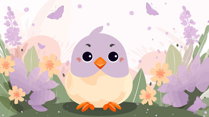 Obraz premium Vector illustration of cute bird and flower field.