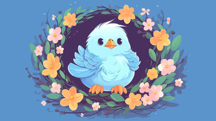 Vector illustration of cute bird and flower field.