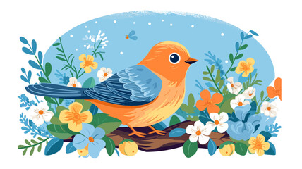 Obraz na płótnie Canvas Vector illustration of cute bird and flower field.