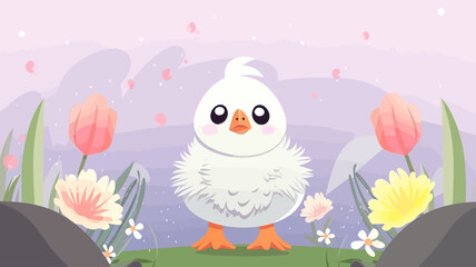 Vector illustration of cute bird and flower field.