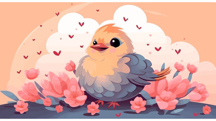 Vector illustration of cute bird and flower field.