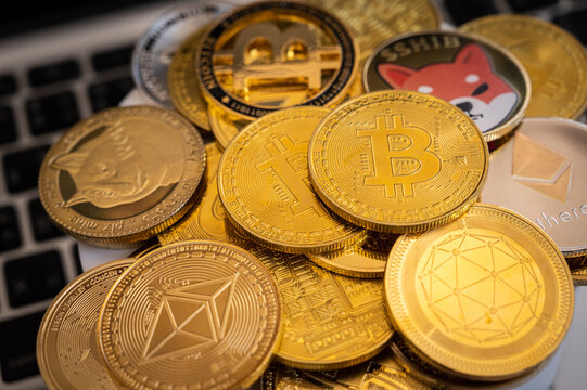 Close up of various kinds of Cryptocurrency token coins.