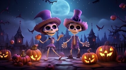 Happy Skeleton Celebrating Halloween Party on Spooky Night Background. Generative AI