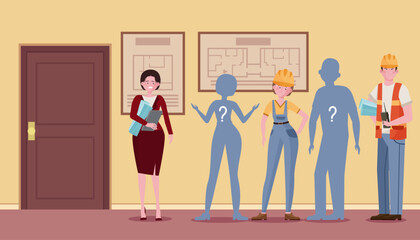 Line of tired labor workers vector illustration. Builders, engineers, mechanics with empty silhouettes between them in office. Employee shortage, lack of personnel, labor crisis concept