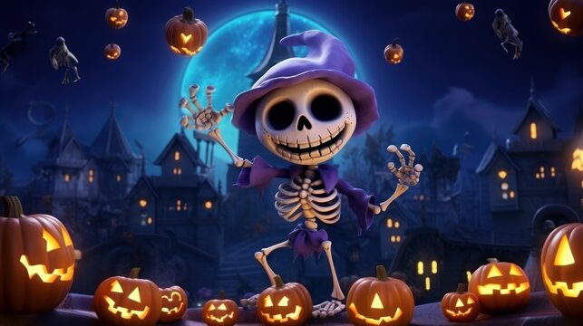 Happy Skeleton Celebrating Halloween Party on Spooky Night Background. Generative AI