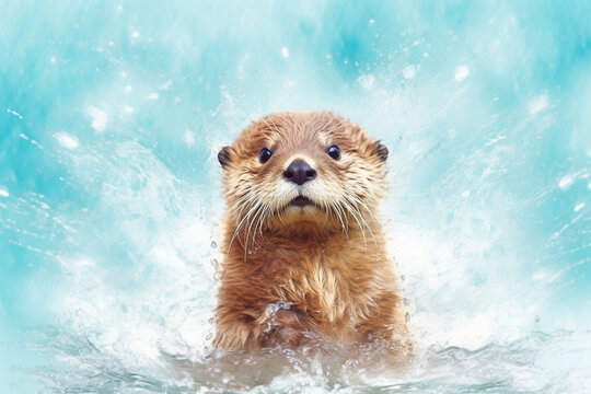 Cute sea otter playing with water splashes, diving underwater, wild otter isolated on blue, paws up in air doing flips and stretches next to the water after going for a swim and shaking the water off