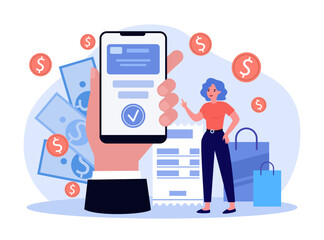 Young woman paying invoice online vector illustration. Customer using mobile banking services and transactions during shopping. Electronic receipt, cashless payment concept